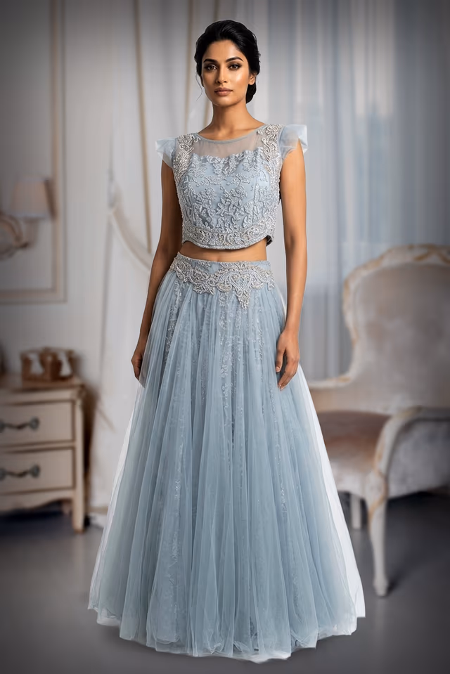 Grey Sleeveless Lehenga — back view, rent in Coimbatore