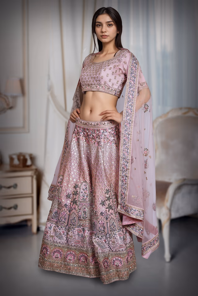Soft Blush Pink Tone, Exuding Grace And Opulence Traditional Indian Bridal Lehenga. — back view, rent in Bangalore