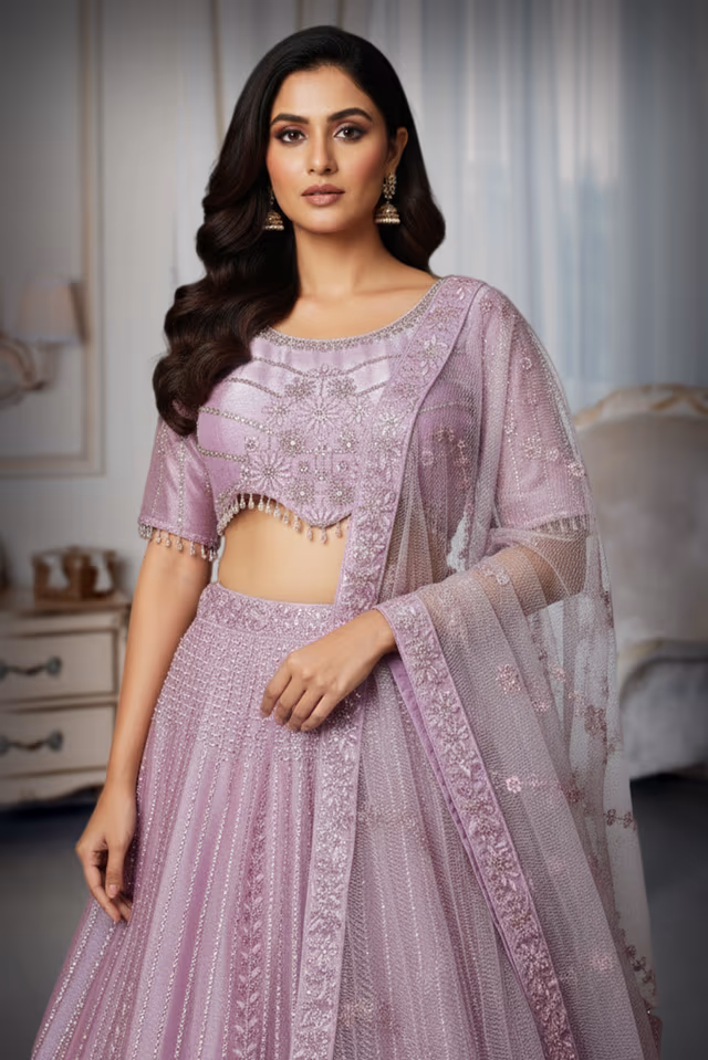 Soft Lilac Net Anarkali with Floral Embroidery and Sequin Detailing — rent in Kochi