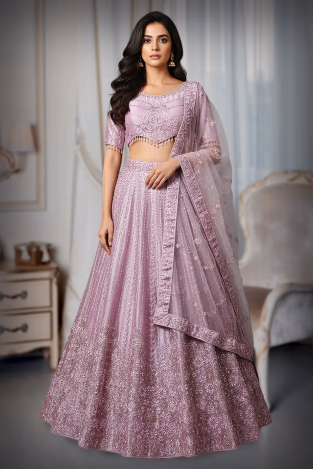 Soft Lilac Net Anarkali with Floral Embroidery and Sequin Detailing — back view, rent in Kochi