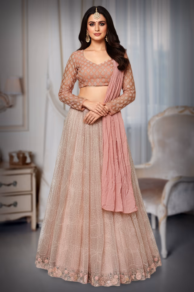 Spanish pink blouse with a nude coloured skirt — back view, rent in Kochi