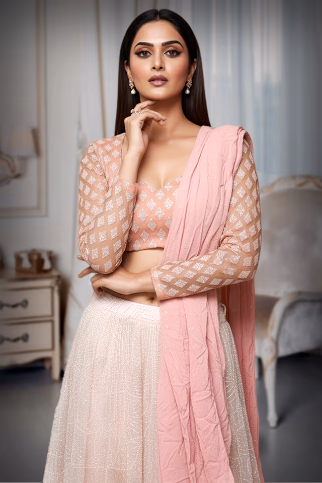 Spanish pink blouse with a nude coloured skirt — rent in Kochi