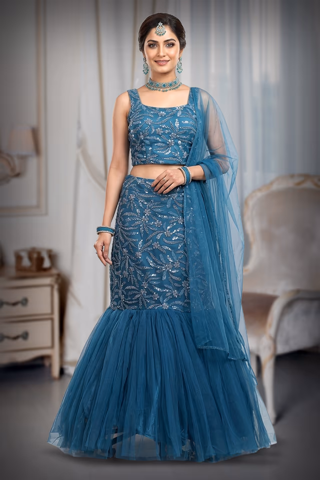 Spruce Blue Intricate Sequin Detailed Mermaid Cut Lehenga With Same Color Crop Top And… — back view, rent in Coimbatore