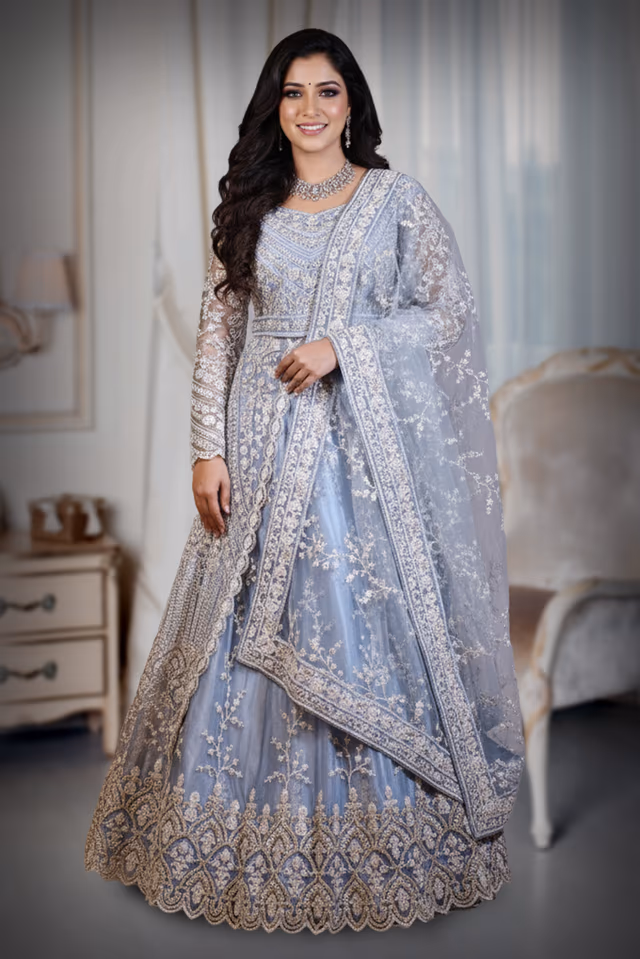 Heavy Stone Worked Jacket Anarkali Lehenga In Light Blue Colour With Long Tail , Skirt And… — back view, rent in Calicut