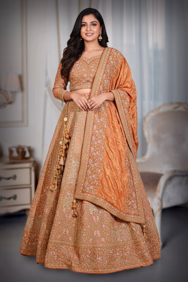 Tangerine Orange Handworked Bridal Lehenga With Intricate Embroidered Crop Top And… — back view, rent in Coimbatore