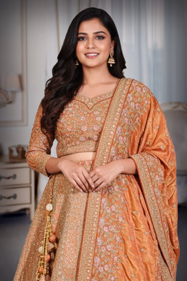 Tangerine Orange Handworked Bridal Lehenga With Intricate Embroidered Crop Top And Threadworked Dupatta — rent in Coimbatore