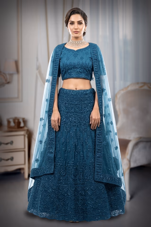 Teal Green Fully Thread worked Netted  Lehenga  with Dhuppatta — back view, rent in Coimbatore