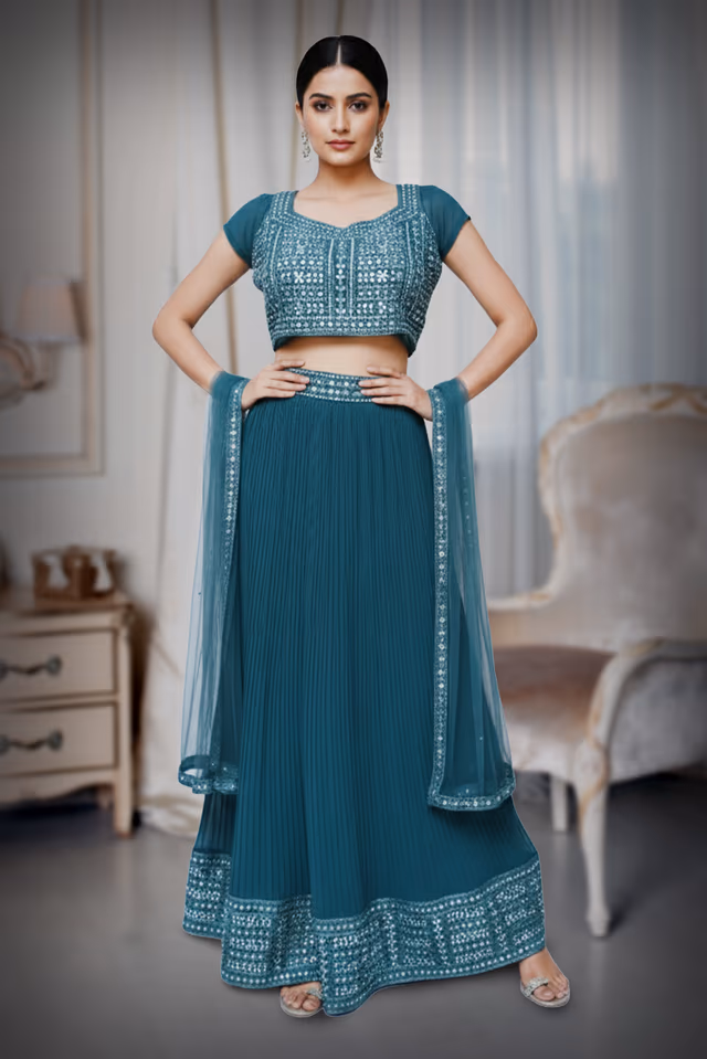 Teal blue in Georgette lehenga — back view, rent in Bangalore