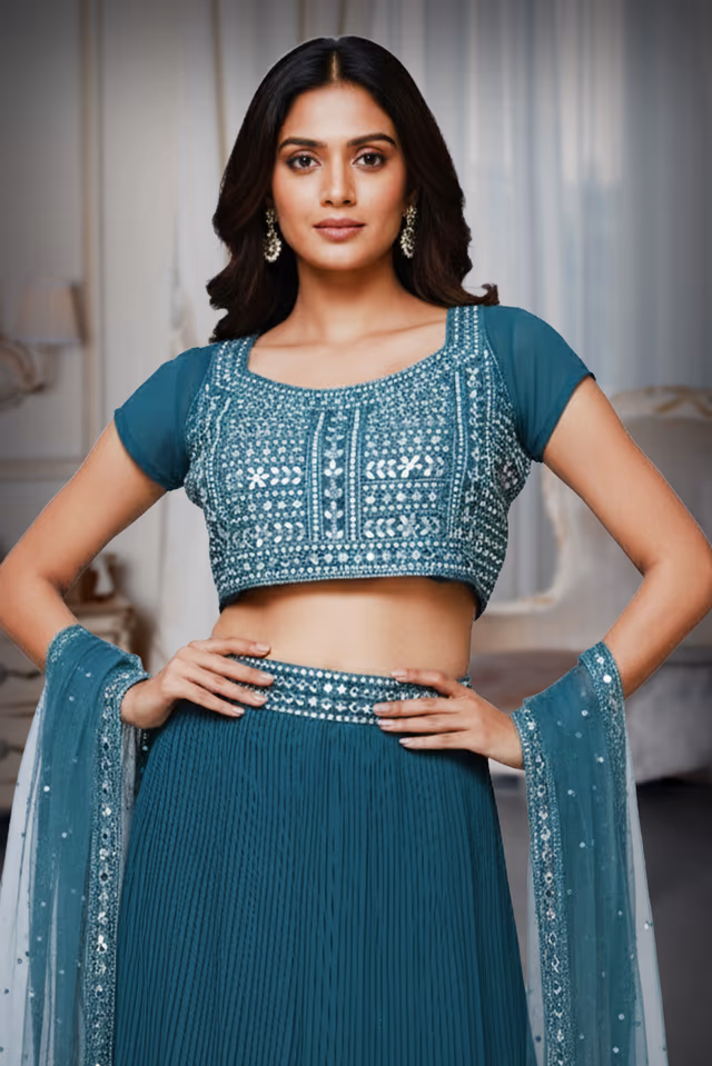 Teal blue in Georgette lehenga — rent in Bangalore