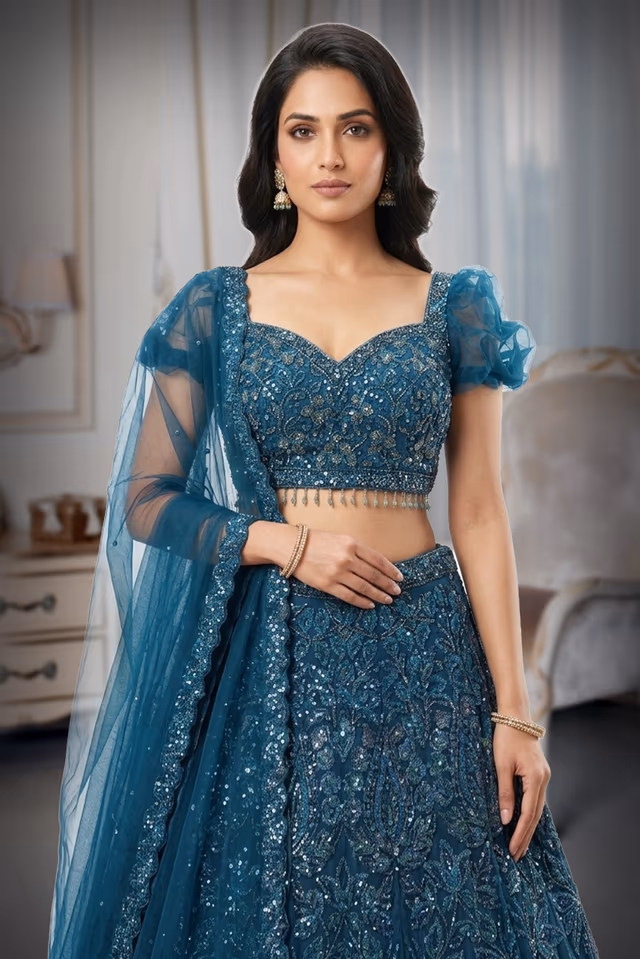 Elegant Teal Blue Lehenga Showcasing Delicate Leafy Embroidery And Silver Work Ideal For Festive… — rent in Calicut