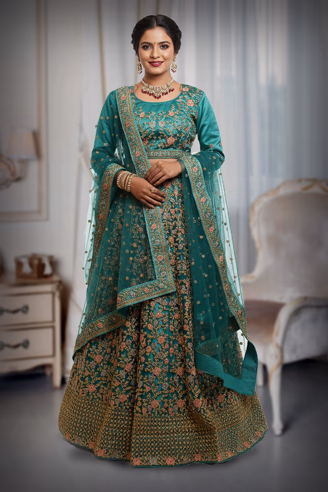 Teal blue heavy work lehenga with zari and  beadwork — back view, rent in Coimbatore