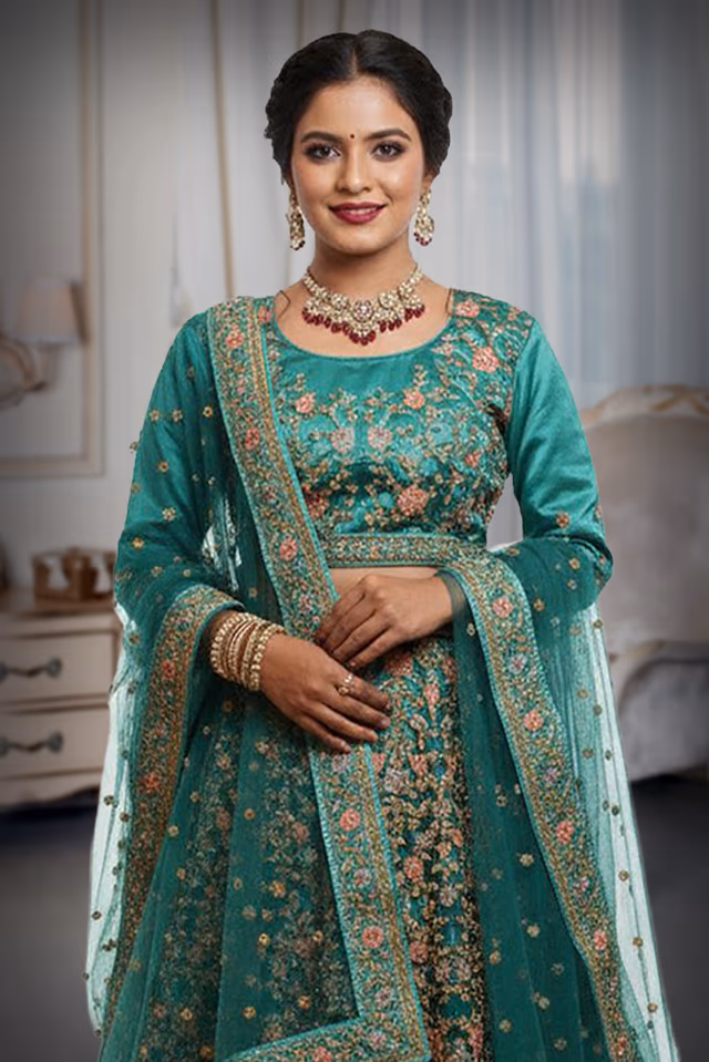 Teal blue heavy work lehenga with zari and  beadwork — rent in Coimbatore