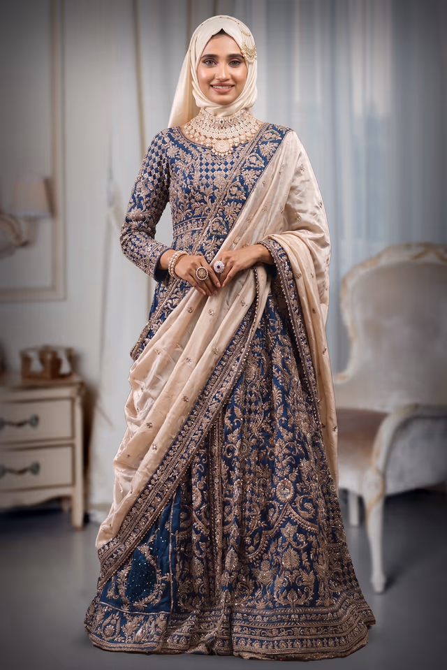 Teal Blue Heavy Zardosi Handworked Anarkali Lehenga With Two Shawls — back view, rent in Kochi
