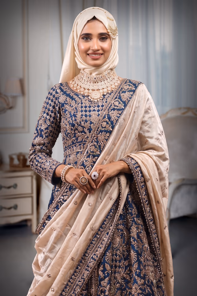 Teal Blue Heavy Zardosi Handworked Anarkali Lehenga With Two Shawls — rent in Kochi