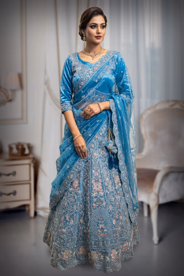 Heavy thread worked Netted Lehenga , blue colour along with the netted Dhuppatta — back view, rent in Coimbatore