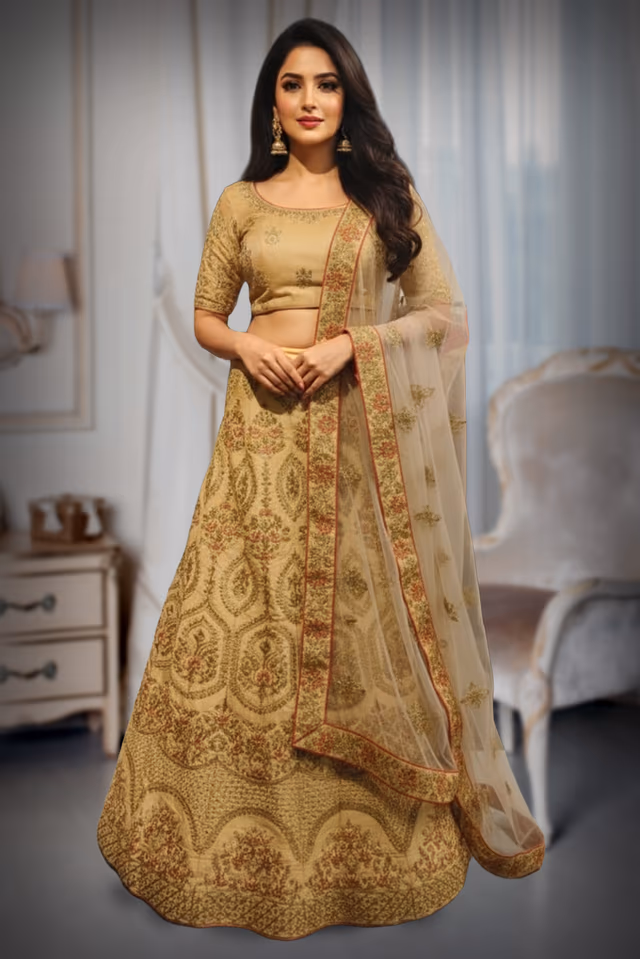 Thread Worked Sandal Colour Lehenga along with a thread worked skirt and dhuppate — back view, rent in Coimbatore
