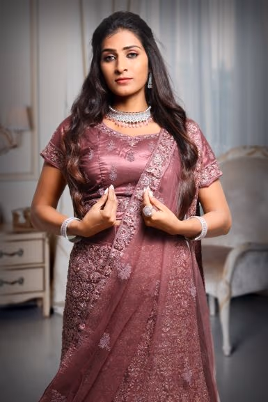 Heavy Threadwork Dark  Mauve Lehenga With Shimmery Work Minimal Blouse And Same Color Dupatta — rent in Calicut