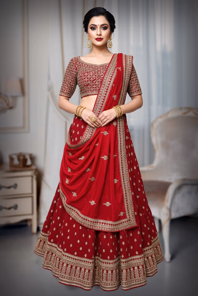 Timeless Red Bridal Silk Lehenga with Elegant Butta Work and Classic Blouse — back view, rent in Bangalore
