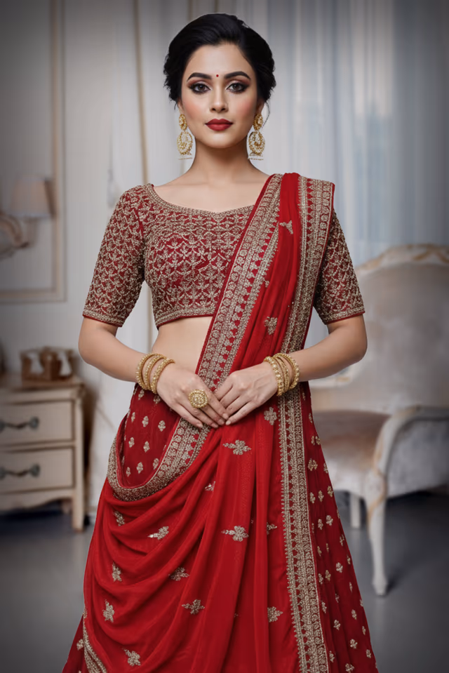 Timeless Red Bridal Silk Lehenga with Elegant Butta Work and Classic Blouse — rent in Bangalore