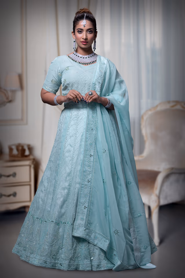 Turquoise Organza Mirror Work Lehenga — back view, rent in Coimbatore