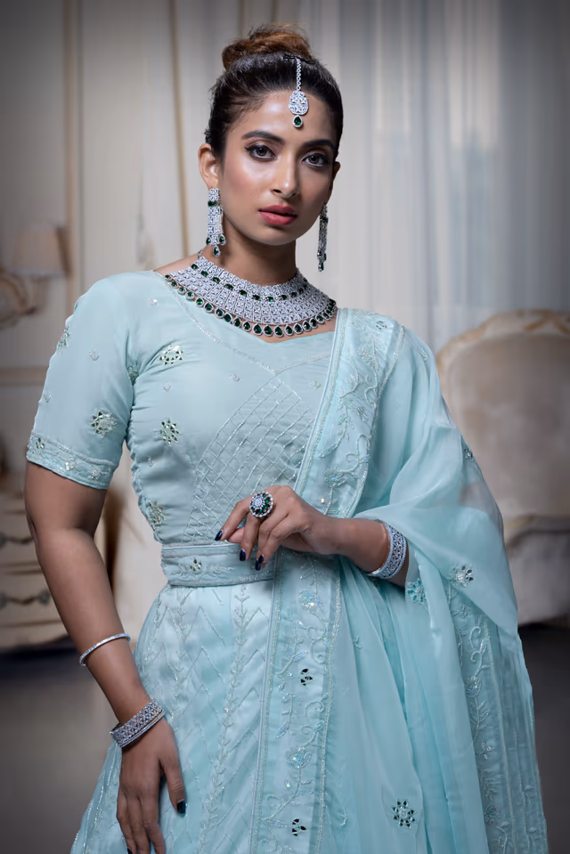 Turquoise Organza Mirror Work Lehenga — rent in Coimbatore
