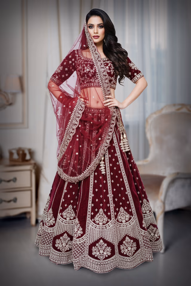 Velvet jam red bridal lehenga — back view, rent in Bangalore