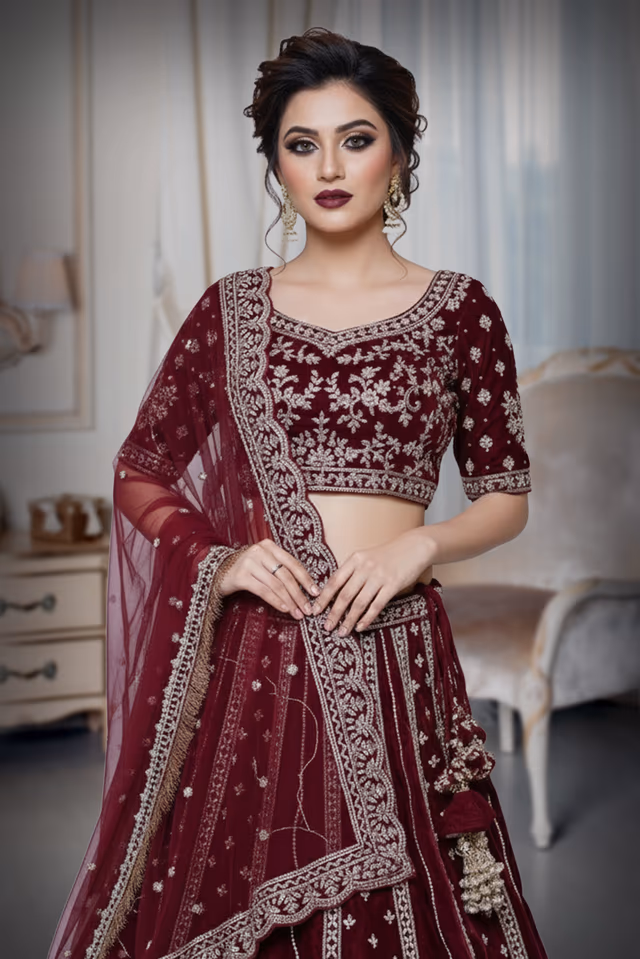 Velvet jam red bridal lehenga — rent in Bangalore