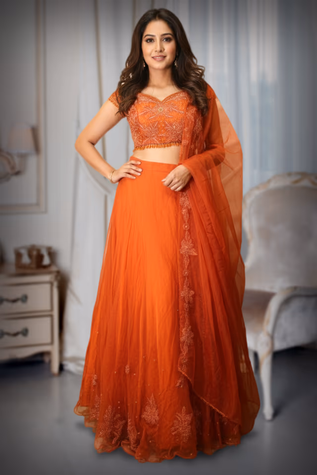 Vibrant Orange Lehenga with Thread and Sequin Work — back view, rent in Kochi