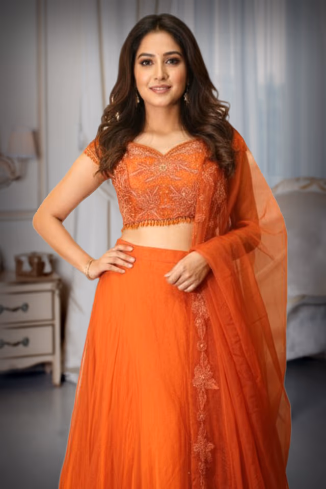 Vibrant Orange Lehenga with Thread and Sequin Work — rent in Kochi