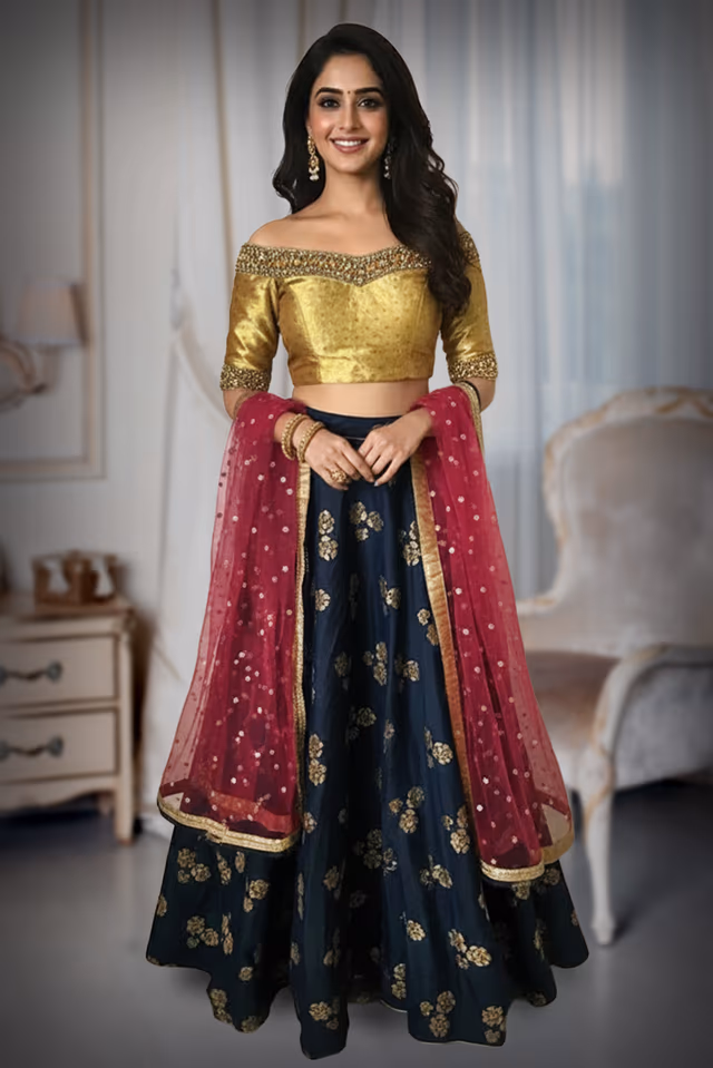 Vibrant Yellow and Navy Blue Lehenga with Stone Embellished Blouse and Floral Print Skirt — back view, rent in Bangalore