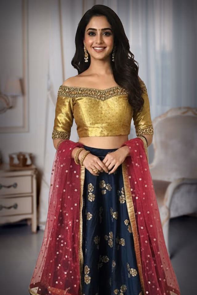 Vibrant Yellow and Navy Blue Lehenga with Stone Embellished Blouse and Floral Print Skirt — rent in Bangalore