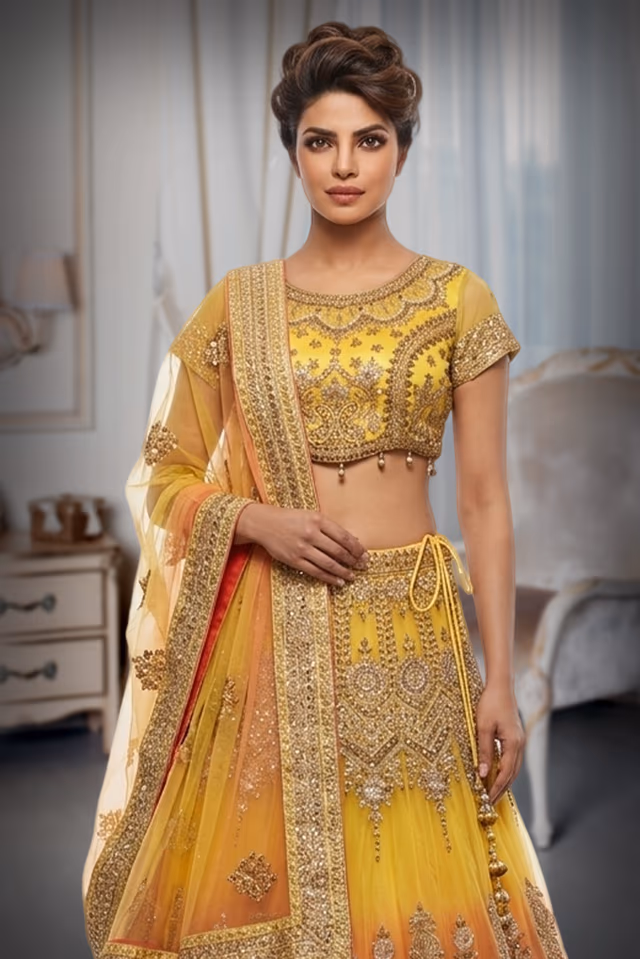 Vibrant Yellow Lehenga , Heavy worked zari , embroidery and stone works — rent in Coimbatore