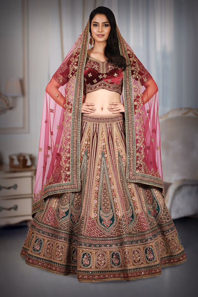 Voluminous flared lehenga with traditional kalidar (panelled) structure. heer net fabric in… — back view, rent in Bangalore