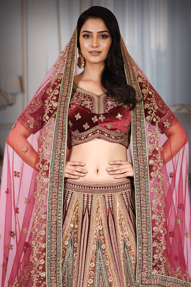 Voluminous flared lehenga with traditional kalidar (panelled) structure. heer net fabric in maroon with… — rent in Bangalore