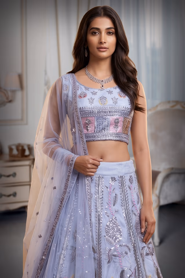 White Faux Georgette Lehenga With Light Peach Applique Details And Embroidery — rent in Bangalore