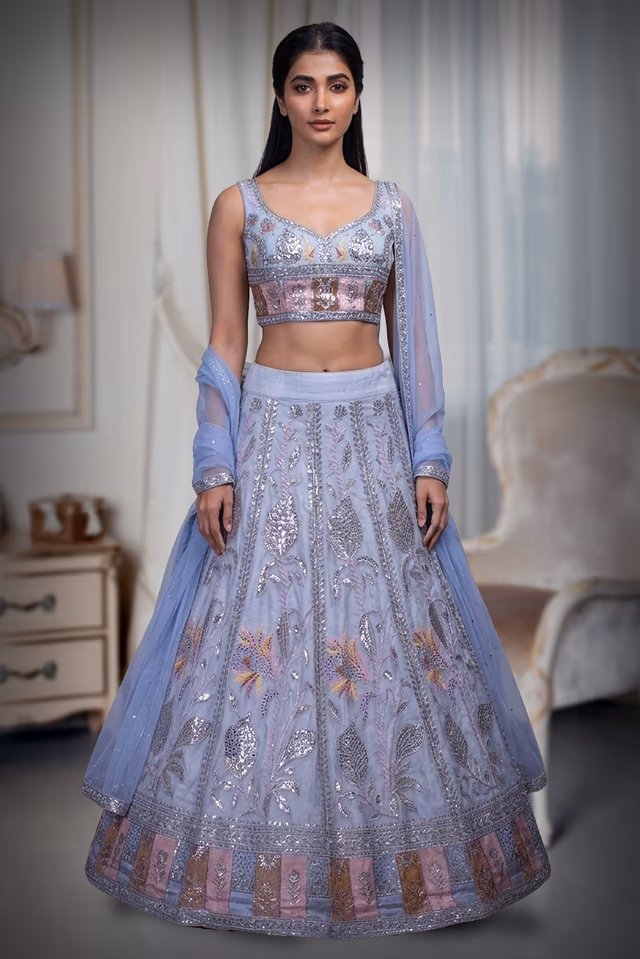 White Faux Georgette Lehenga With Light Peach Applique Details And Embroidery — back view, rent in Bangalore