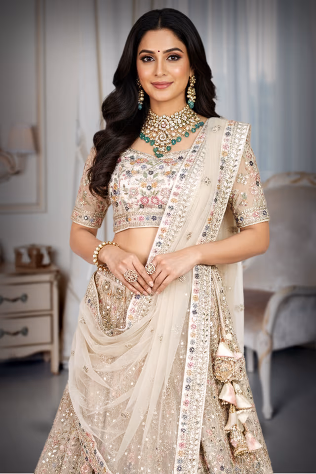 White Floral Bridal Lehenga, — rent in Bangalore