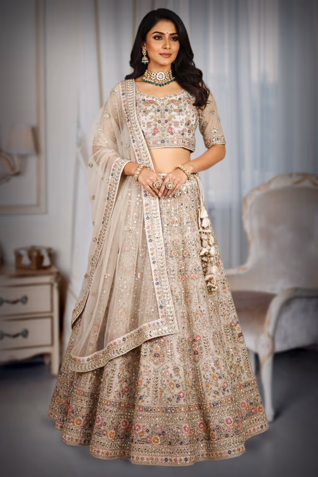 White Floral Bridal Lehenga, — back view, rent in Bangalore