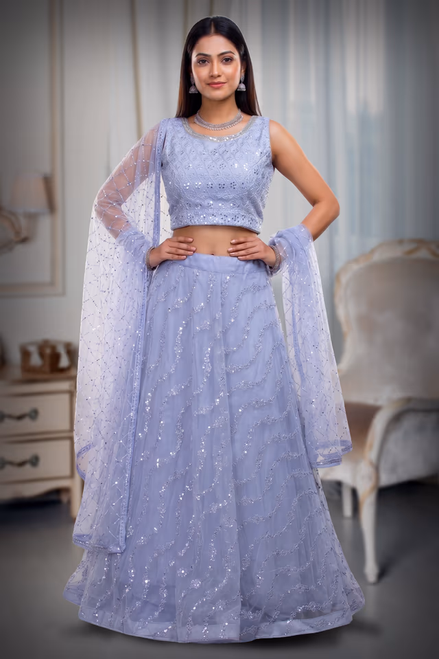 White Minimal Net Lehenga With Threadwork Details And Same Colour Dupatta — back view, rent in Bangalore