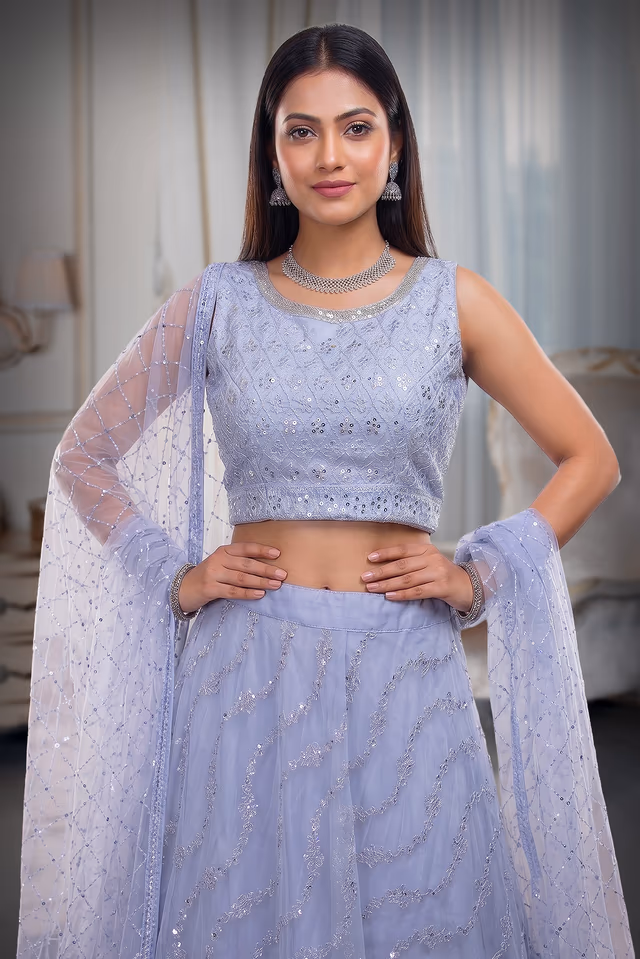 White Minimal Net Lehenga With Threadwork Details And Same Colour Dupatta — rent in Bangalore
