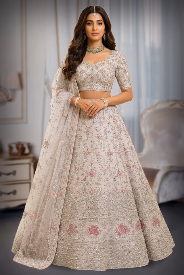 White Lehenga with Silver Embroidery and Pink Floral Work Dupatta — back view, rent in Bangalore