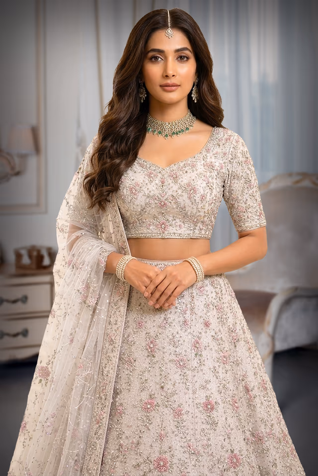 White Lehenga with Silver Embroidery and Pink Floral Work Dupatta — rent in Bangalore