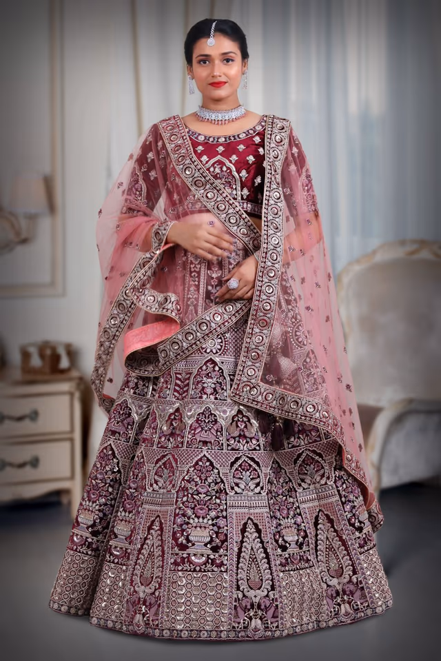 Wine  beds & embroidery heavy design lehenga — back view, rent in Bangalore