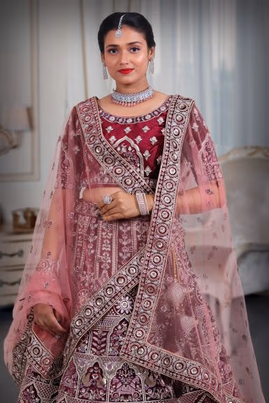 Wine  beds & embroidery heavy design lehenga — rent in Bangalore