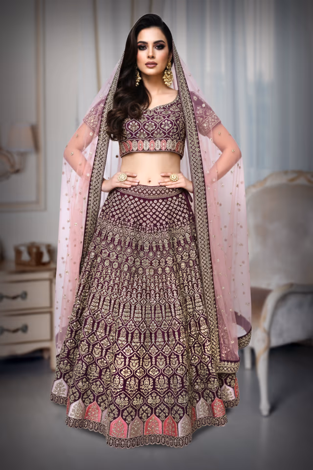 Wine lehenga with a contrasting dupatta — back view, rent in Bangalore