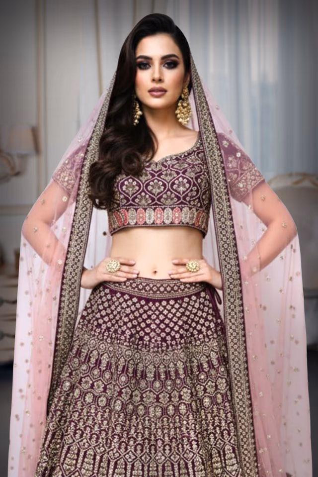 Wine lehenga with a contrasting dupatta — rent in Bangalore