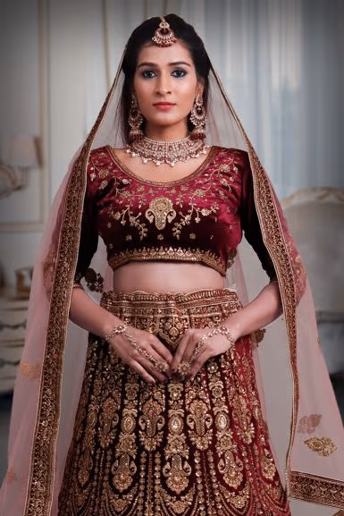 Wine golden thread jarkan stone velvet lehenga — view 1 of 5