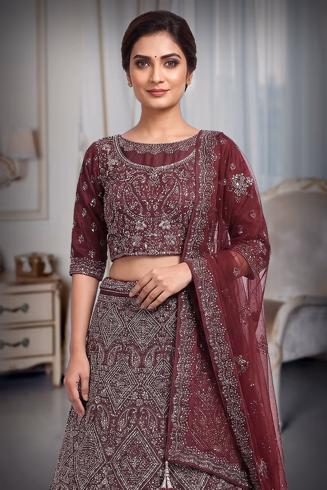 Wine Net Lehenga With Stone Work Detailing With Crop Top Blouse And Same Color Dupatta — rent in Calicut