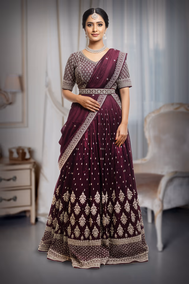Wine Purple Pre Wedding Lehenga With Golden Threadwork Details — back view, rent in Kochi