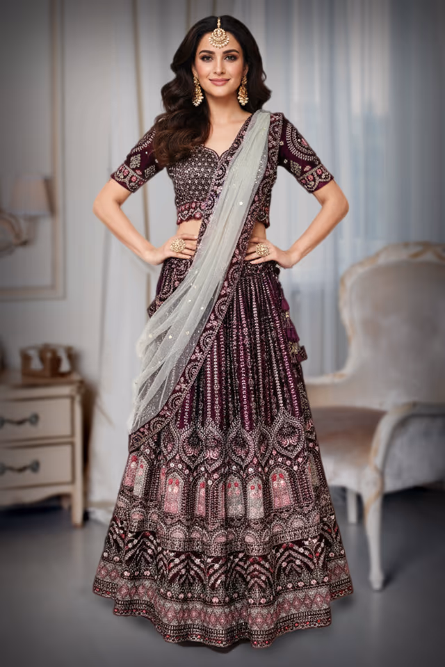 Wine Velvet Oplent Lehenga — back view, rent in Bangalore